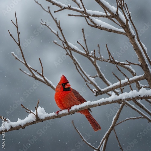 A bright red cardinal perched on a snow-covered branch against a clear winter sky.