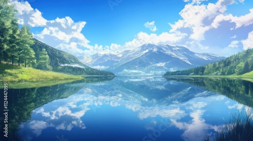 Serene Mountain Lake Reflection: A picturesque landscape showcasing a tranquil lake mirroring majestic snow-capped mountains under a vibrant blue sky.