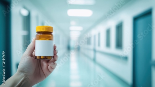 A patient’s hand holding a prescription bottle with a blurred hospital corridor in the background, Realistic style, photo of photo