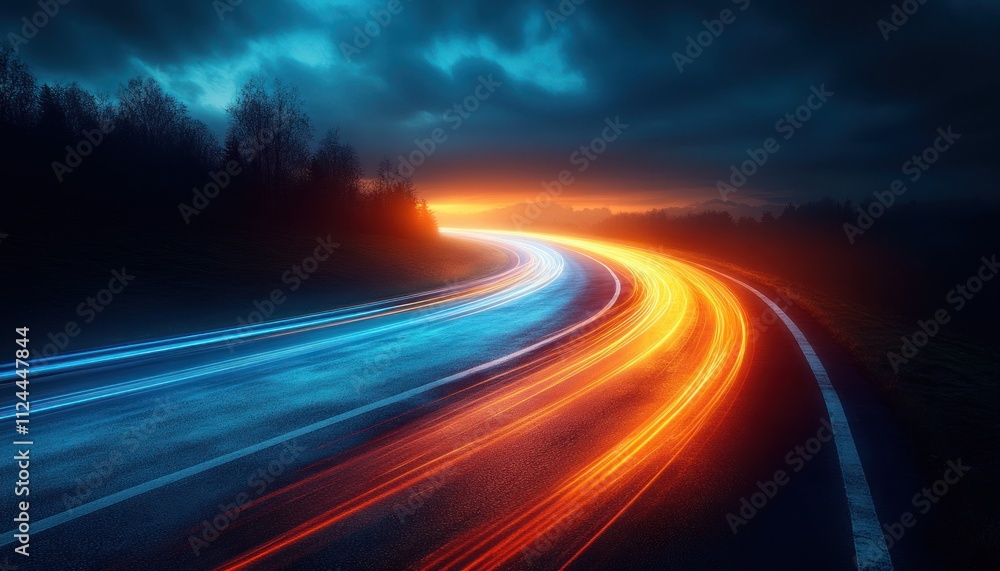 Futuristic Cyberpunk Light Trails on Dark Highway with Neon Blue and Orange Colors Speed Motion Blur Futuristic Cyberpunk Light Trails on Dark Highway with Neon Blue and Orange Colors Speed Motion Blur