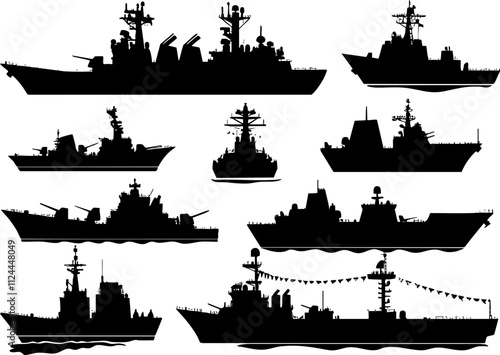 A collection of black silhouettes depicting various types of naval ships, including warships and cargo vessels.