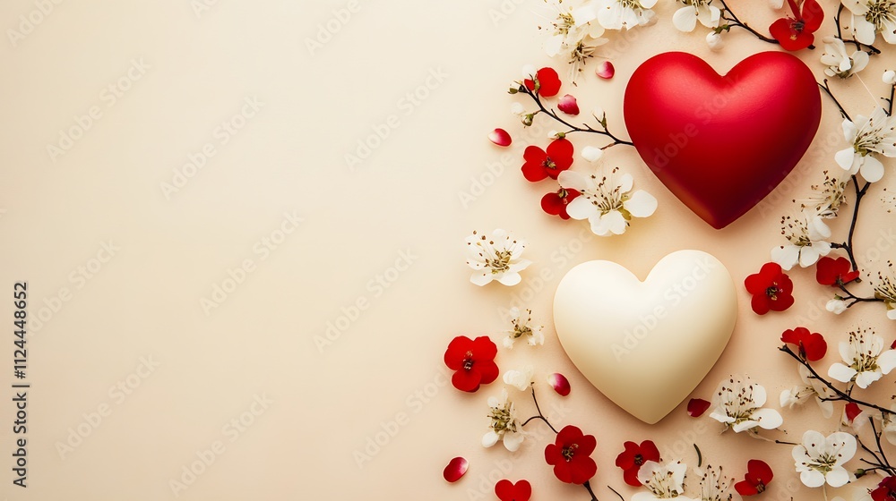 Red and White Hearts with Spring Blossoms Red and White Hearts with Spring Blossoms