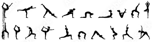 Set of black silhouettes of woman in different yoga poses, isolated on white background. Women practice meditation and stretching. Yoga complex. Healthy lifestyle concept. Vector illustration