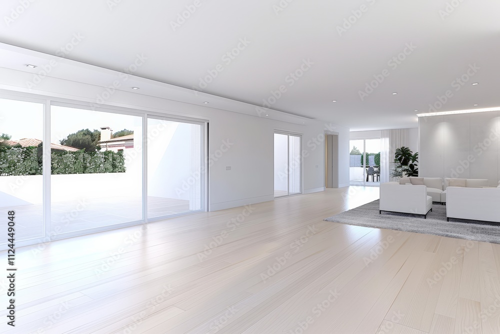 Spacious modern living room with large windows, minimalist furniture, and an open floor plan, featuring sleek white walls and light wood flooring. Spacious modern living room with large windows, minimalist furniture, and an open floor plan, featuring sleek white walls and light wood flooring.