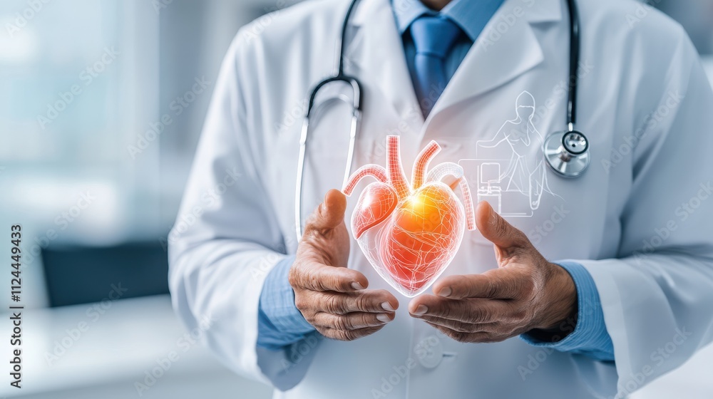 A cardiologist in a consultation room holding a stethoscope, looking reassuringly at the camera, with diagrams of the heart in the background A cardiologist in a consultation room holding a stethoscope, looking reassuringly at the camera, with diagrams of the heart in the background