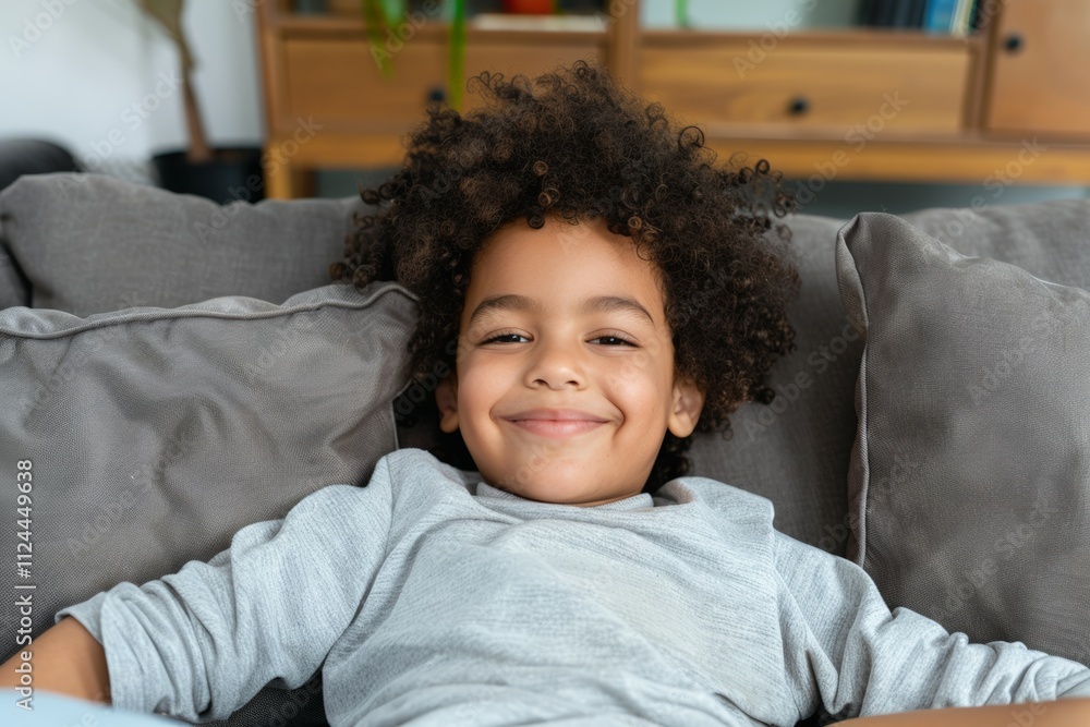 Portrait of a young child with curly hair, smiling brightly, creating a joyful and carefree moment in a comfortable, homey setting. Portrait of a young child with curly hair, smiling brightly, creating a joyful and carefree moment in a comfortable, homey setting.
