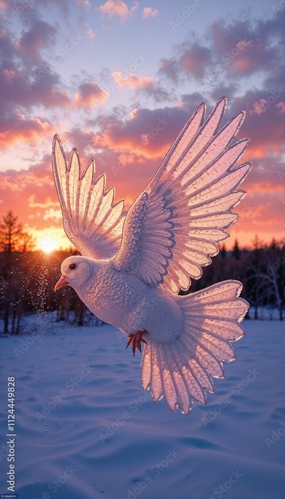 Obraz premium Majestic dove in flight with glistening feathers against a vibrant sunset in a snowy landscape