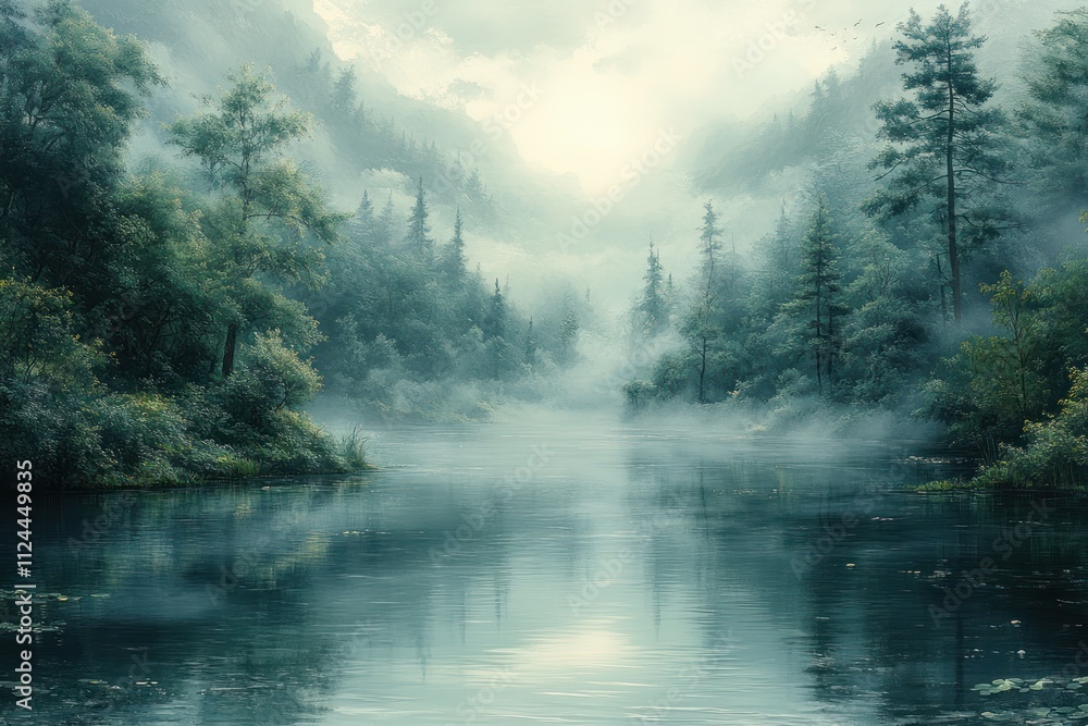 Fototapeta premium Serene River in Tranquil Forest Landscape with Lush Greenery and Misty Atmosphere