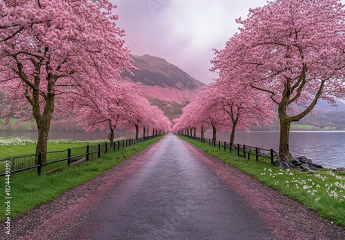 Serene Cherry Blossom Pathway Surrounded by Vibrant Pink Trees with Mountain Backdrop on a Cloudy Day in a Picturesque Landscape