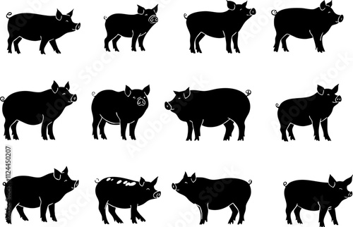 A collection of black silhouettes of pigs, showcasing various poses and styles, ideal for farm-related designs or illustrations.