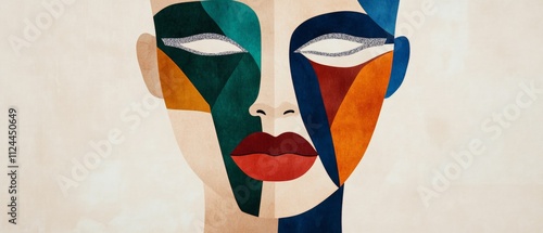 Abstract Portrait Art: Colorful Geometric Face Design with Bold Shapes and Expressions for Modern Interior Decor and Creative Projects