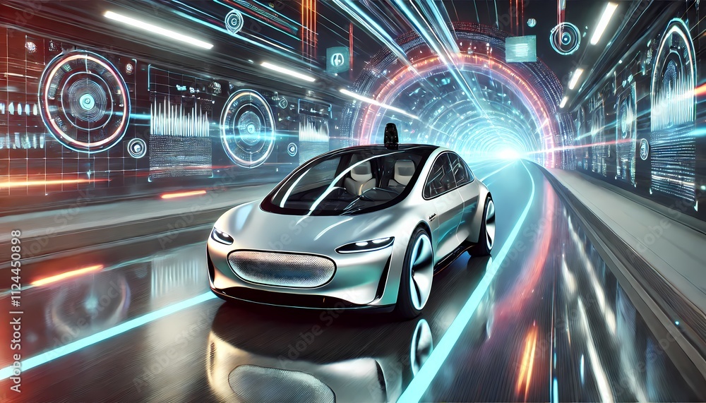 A silver autonomous electric car speeding through a futuristic tunnel with neon lights and digital elements rapidly flashing by A silver autonomous electric car speeding through a futuristic tunnel with neon lights and digital elements rapidly flashing by