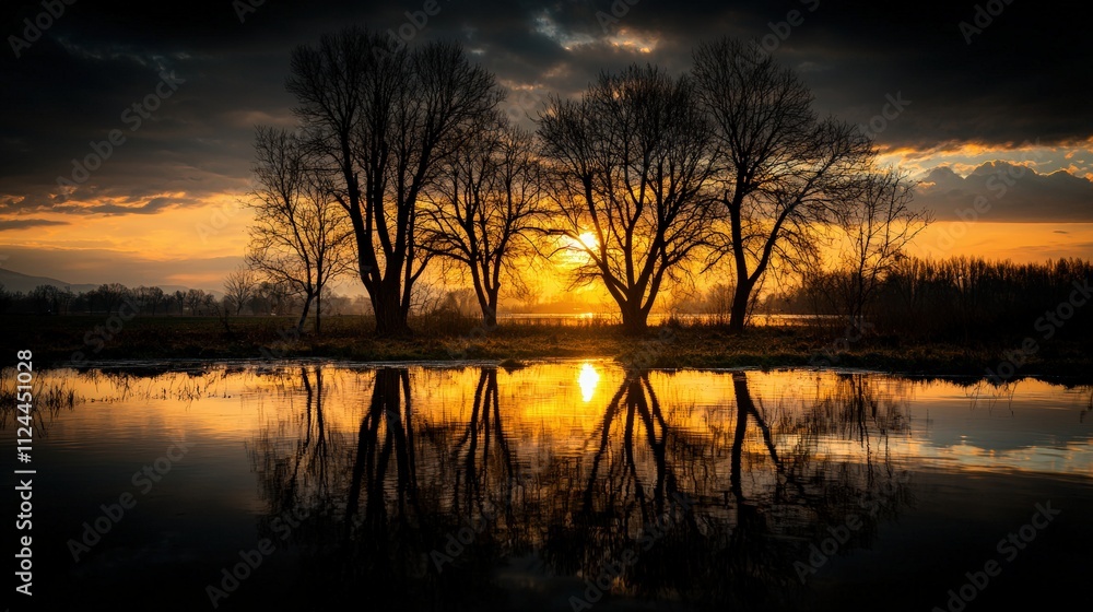 Tranquil sunrise over reflected waters new year’s morning nature scene serene environment peaceful viewpoint symbolizing new beginnings Tranquil sunrise over reflected waters new year’s morning nature scene serene environment peaceful viewpoint symbolizing new beginnings