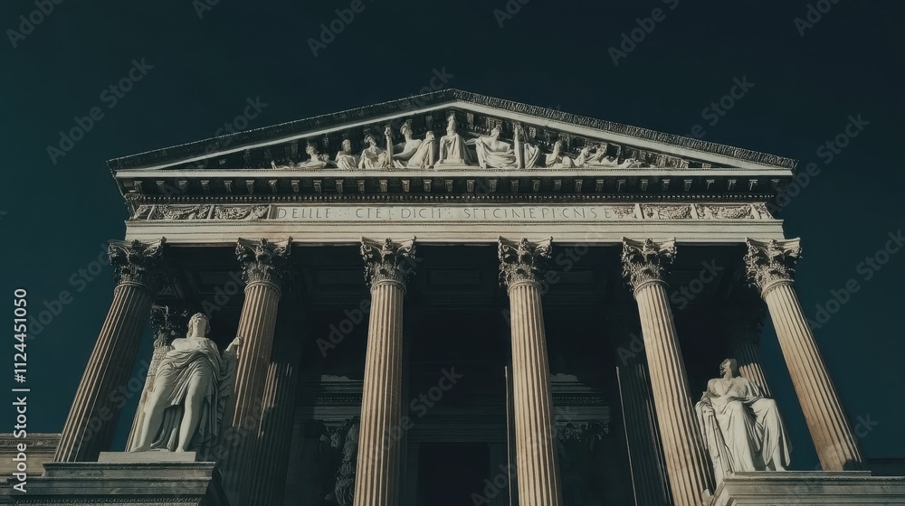 Obraz premium Majestic Greek-Style Building with Columns and Statues at Night