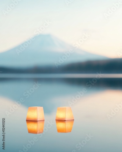 Serene Winter Reflection HumanLight and Festive Lanterns on Mount Fujis Tranquil Waters - Perfect for HumanLight, Christmas, and New Year Celebrations photo