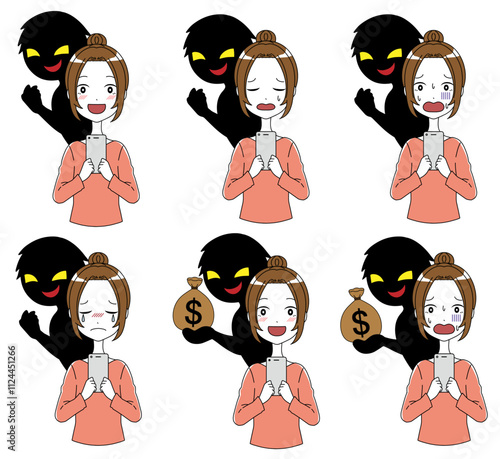 悪人とスマホを持った女性の素材セット