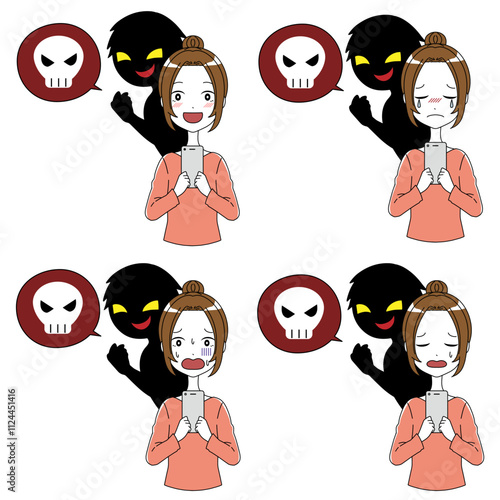 危険なことを言う黒いシルエットの悪人とスマホを持った女性の素材セット