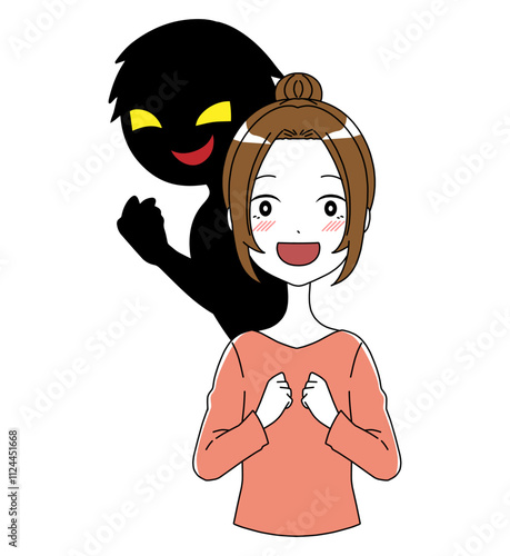 黒いシルエットの悪人と笑顔の女性の素材