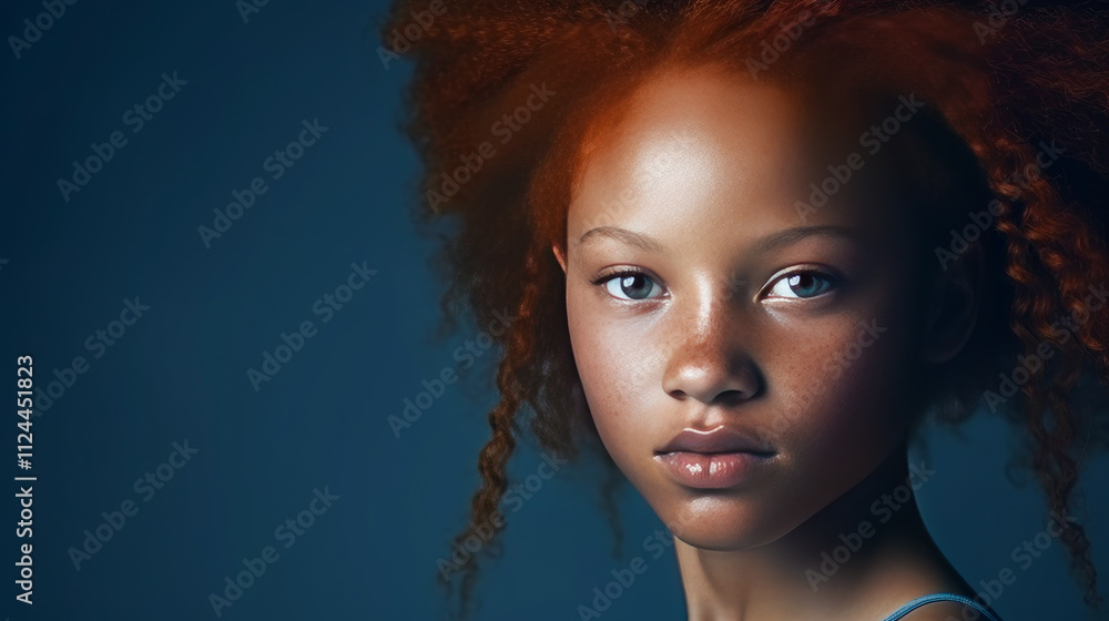 Portrait of smiling African American girl with short red hair blue background banner. Portrait of smiling African American girl with short red hair blue background banner.