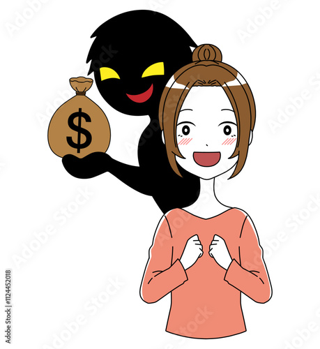 お金を持った悪人と笑顔の騙されている女性