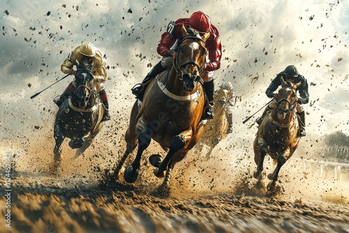 Exciting racehorses and jockeys compete fiercely with dynamic motion and vibrant energy photo