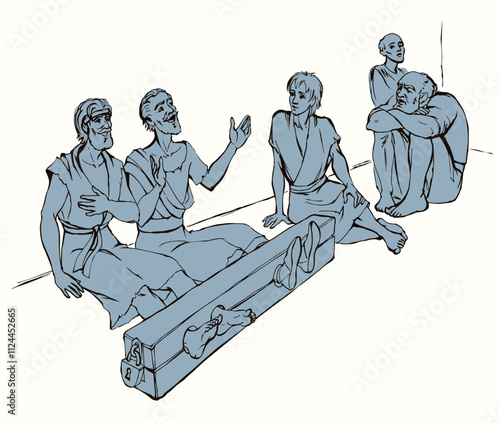 Paul and Silas in prison. Vector drawing