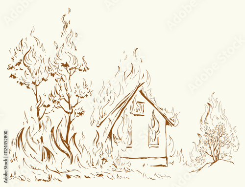 Vector drawing. Burning house and trees