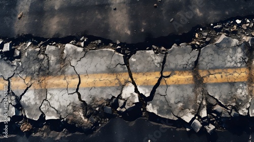 Bird's eye view of a weathered asphalt road. It reveals extensive cracks and deep holes, disrepair, poor maintenance and neglect.