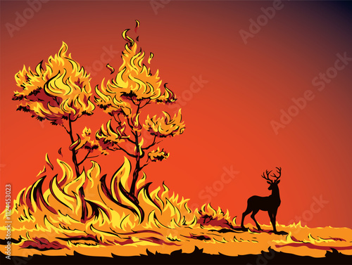 Burning forest. Vector drawing sketch