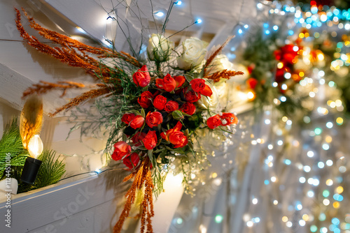 A sparkling visual that can be used for weddings, cards and celebrations, decorated with red and white roses, light bokeh and various lighting.