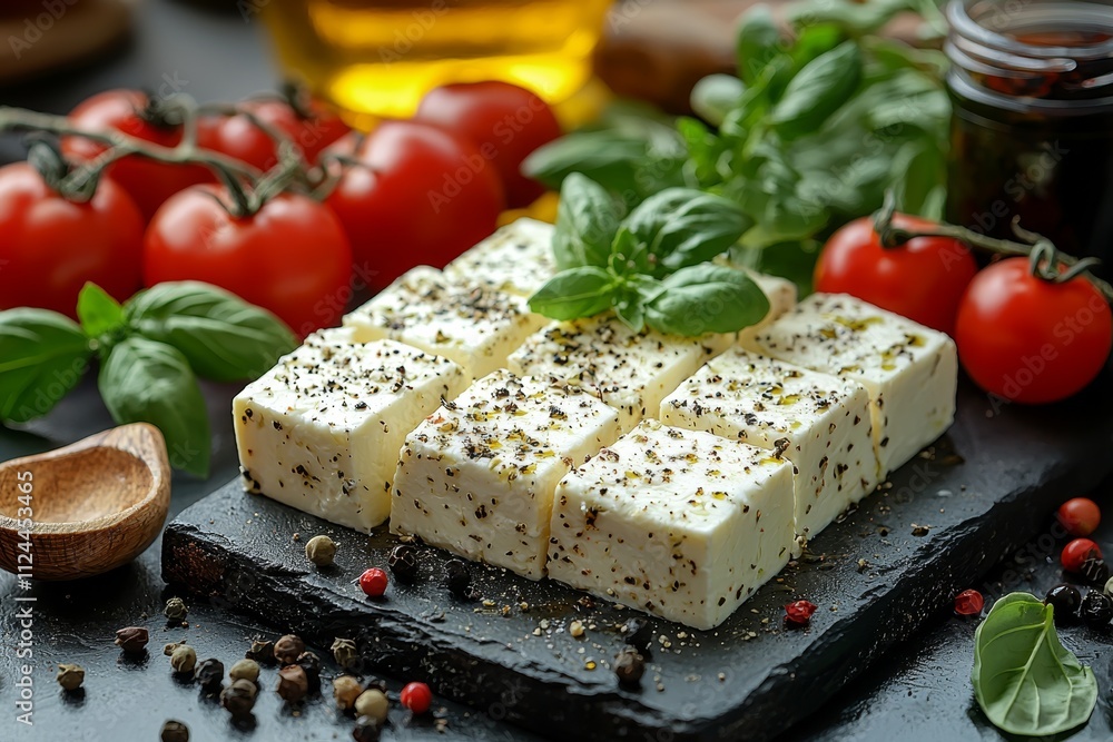 Fresh mozzarella with cherry tomatoes, basil, and oil on white table for a delicious caprese salad preparation Fresh mozzarella with cherry tomatoes, basil, and oil on white table for a delicious caprese salad preparation