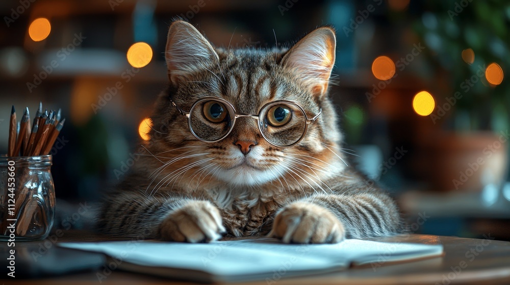 Cute cat wearing metal glasses doing homework in cozy study with warm lights and plants in the background Cute cat wearing metal glasses doing homework in cozy study with warm lights and plants in the background