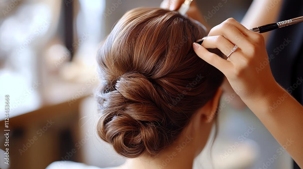 Fototapeta premium A woman is getting her hair styled into a bun, her hair is brown and long.