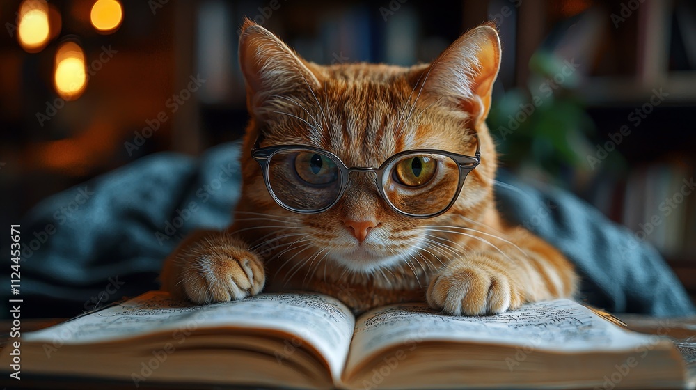 Cute orange cat with metal glasses frames diligently studying from an open book in a cozy room setting Cute orange cat with metal glasses frames diligently studying from an open book in a cozy room setting