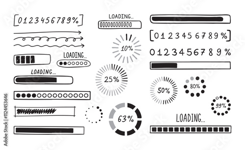 Loading bar doodle set. Hand drawn element line loading sketch style. Slow isolated download speed, progress status and internet load bar concept. 