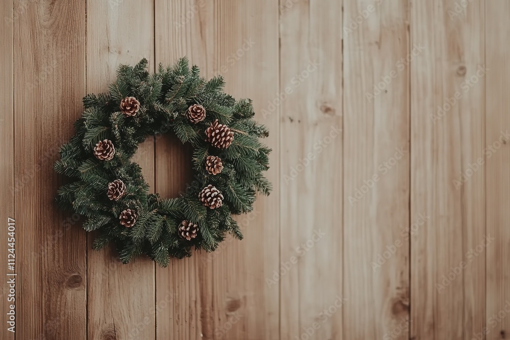 Pine wreath with cones on wooden backdrop Pine wreath with cones on wooden backdrop