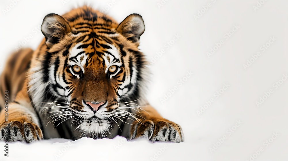 Fierce tiger crouched with focused gaze on white. Fierce tiger crouched with focused gaze on white.