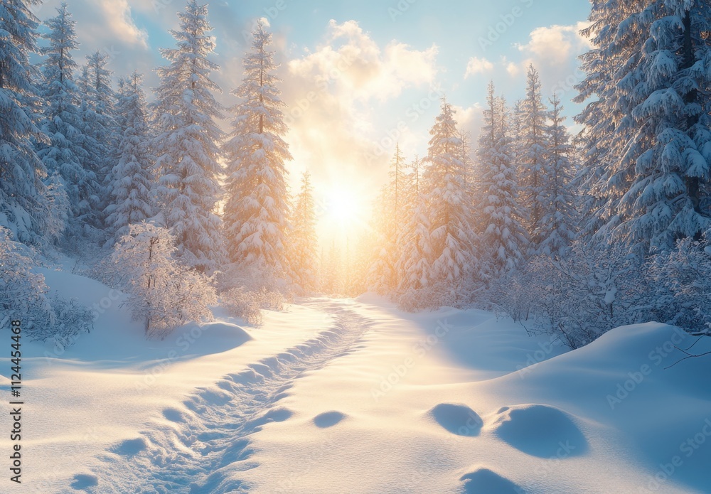 Serene Winter Landscape with Snow-Covered Trees and a Glowing Sunrise in a Idyllic Forest Setting on a Crisp Morning