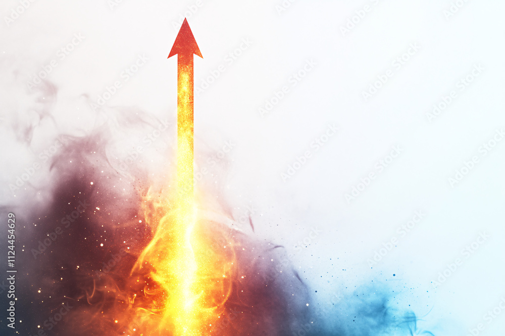 Fototapeta premium Fiery glowing arrow shooting upward through dark smoky background evoking power energy and dynamic motion 