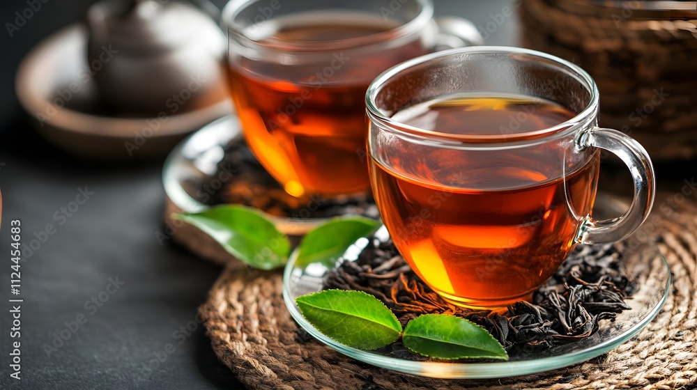 Two Glasses of Aromatic Black Tea Resting on Coasters Two Glasses of Aromatic Black Tea Resting on Coasters