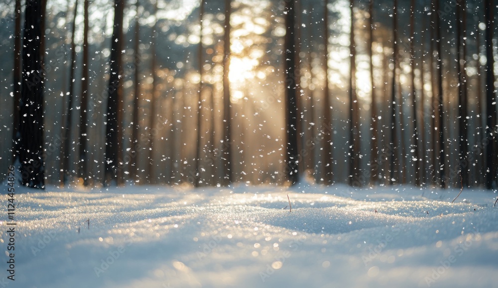 Serene Winter Landscape with Snowfall, Sunlight Glimmering Through Trees, Tranquil Forest Scene Capturing the Beauty of Nature in a Cold Season Serene Winter Landscape with Snowfall, Sunlight Glimmering Through Trees, Tranquil Forest Scene Capturing the Beauty of Nature in a Cold Season