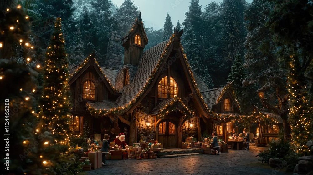 Festive scene of elves wrapping gifts at santa's workshop enchanted forest holiday celebration cozy atmosphere magical view Festive scene of elves wrapping gifts at santa's workshop enchanted forest holiday celebration cozy atmosphere magical view