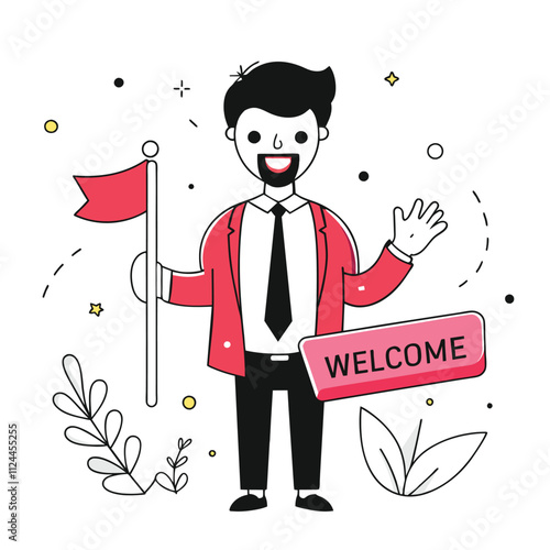 Smiling businessman holding a flag welcoming new arrival