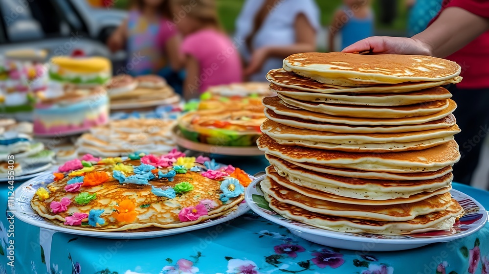 A Delicious Stack of Pancakes with Decorated Cakes Nearby A Delicious Stack of Pancakes with Decorated Cakes Nearby