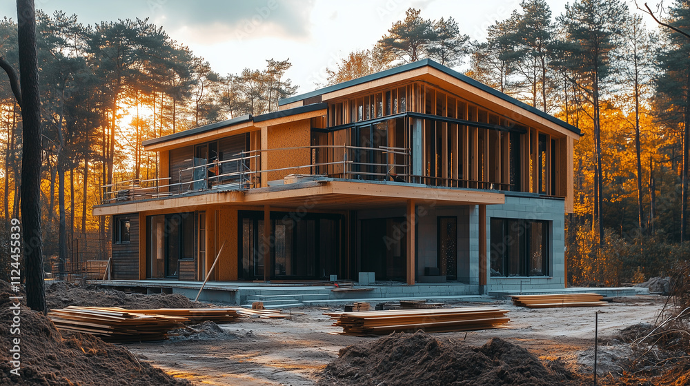 A wooden house under construction. A house in the middle of a forest.
A wooden house under construction. A house in the middle of a forest.