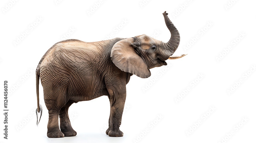 Fototapeta premium Gentle elephant with trunk raised on white.
