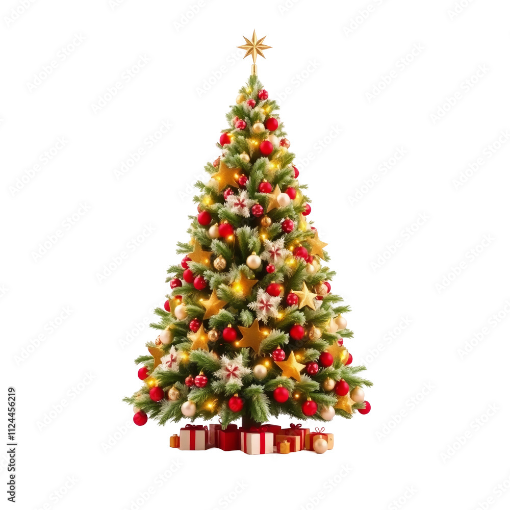 A beautifully decorated Christmas tree with lights, ornaments, and a star on top, isolated on a white (transparent) background. A beautifully decorated Christmas tree with lights, ornaments, and a star on top, isolated on a white (transparent) background.