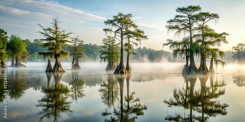 Obraz premium Swamp cypresses on a tranquil lake enveloped in fog, illuminated by the morning sunshine , Taxodium distichum, cypress trees