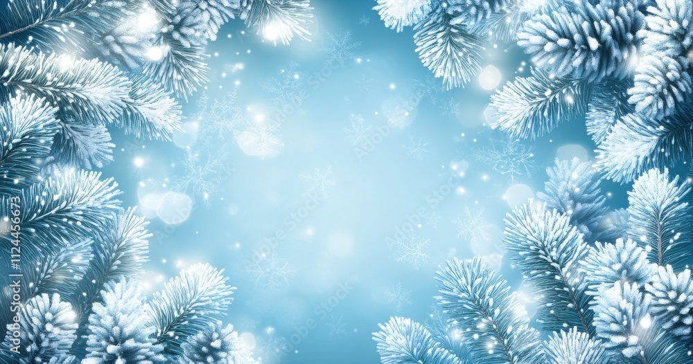 Serene Winter Wonderland Background with Frosted Pine Branches and Falling Snowflakes, Capturing the Essence of a Magical Holiday Season in Soft Blue Tones