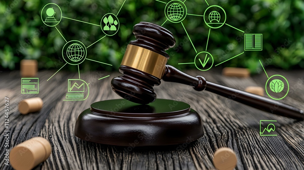 Gavel of Sustainability: A wooden gavel rests on a rustic wooden table, surrounded by cork stoppers, symbolizing responsible practices. Green icons. Gavel of Sustainability: A wooden gavel rests on a rustic wooden table, surrounded by cork stoppers, symbolizing responsible practices. Green icons.